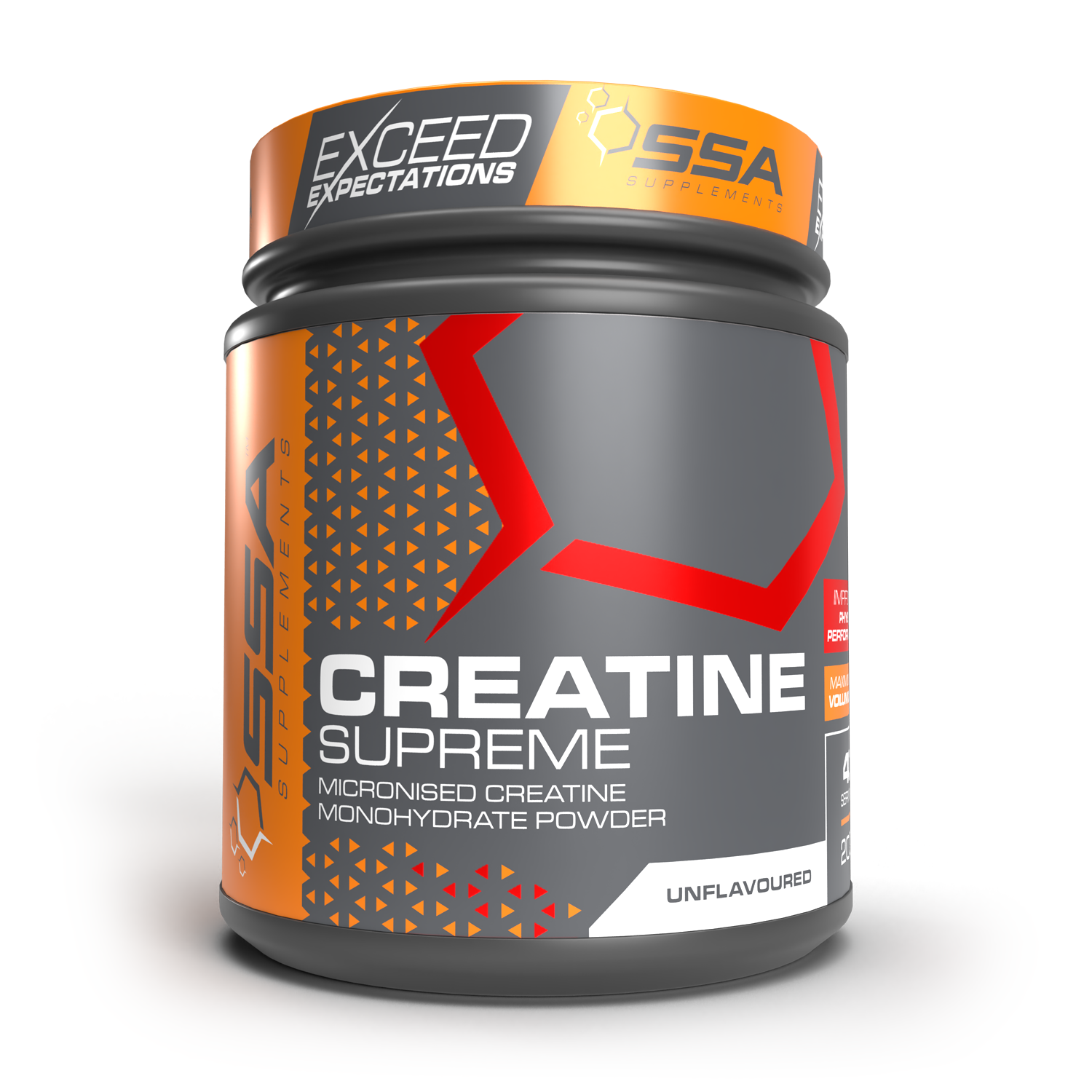 Supplement container labeled 'Creatine Supreme' with Exceed Expectations and SSGA branding on a white background.